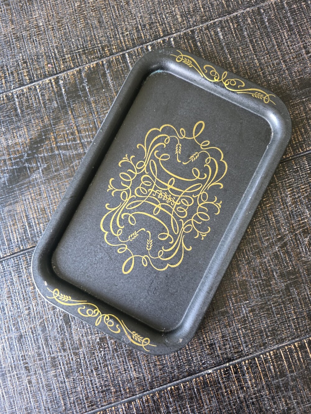 Vtg Black Metal Tole Serving Tray Ornate Gold Scrollwork Small 14x9